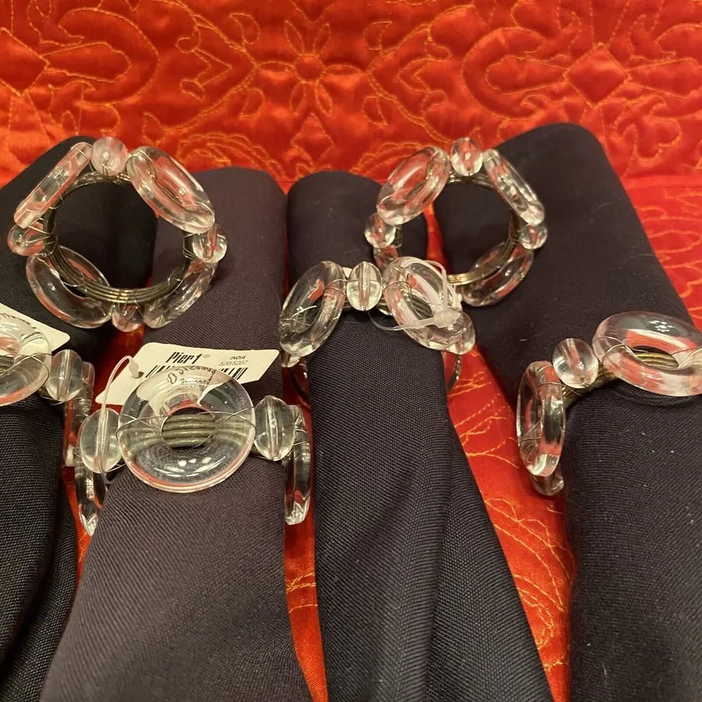 VINTAGE PIER 1 Napkin Rings Clear Acrylic Circles And Bronze Metal Wire Set Of 6